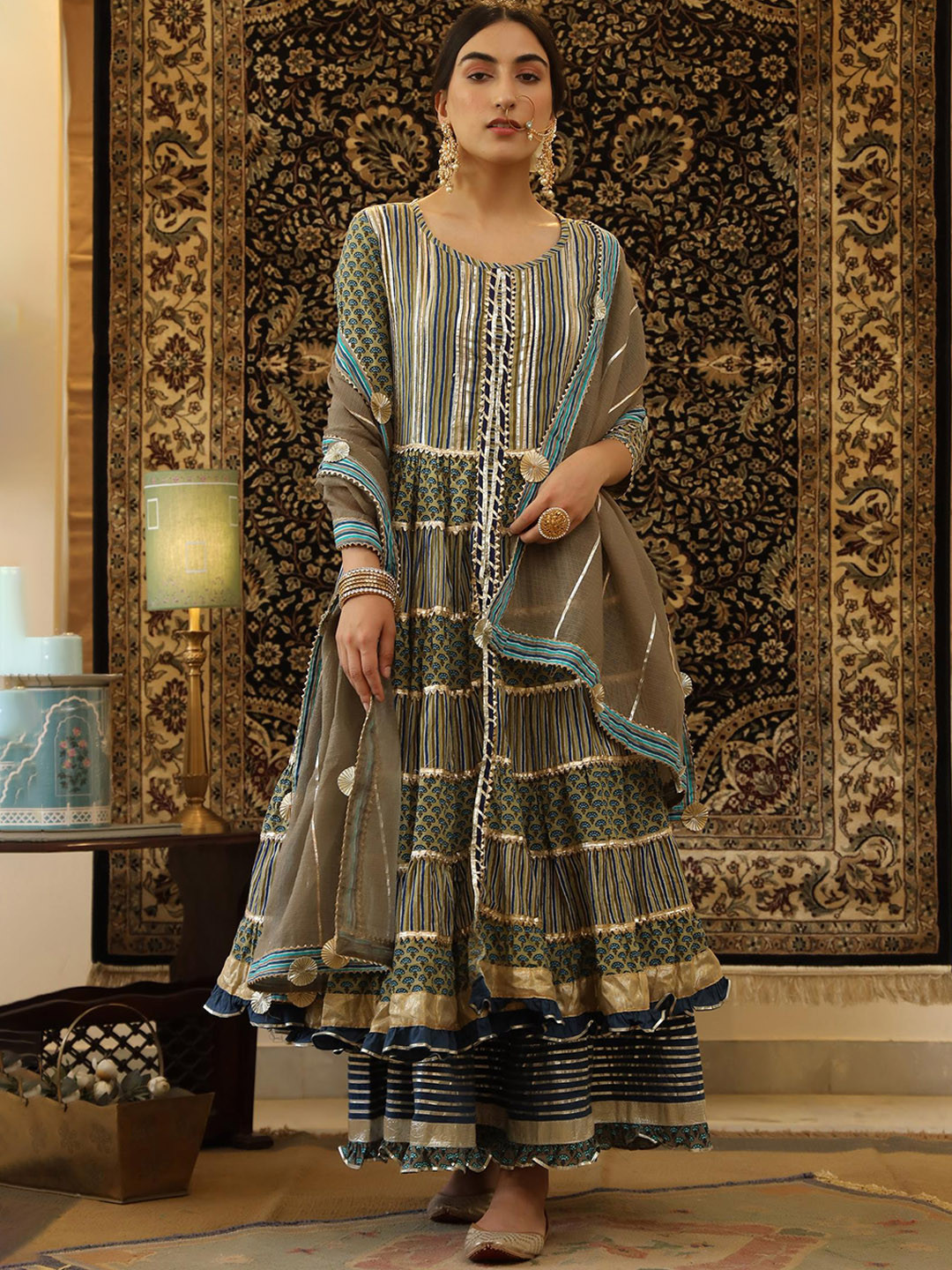 

SCAKHI Printed Tiered Gotta Patti Pure Cotton Anarkali Top With Skirt, Dupatta & Jacket, Teal