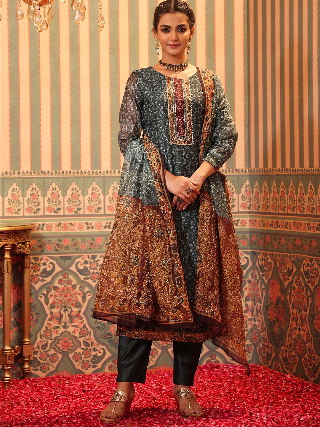

SCAKHI Ethnic Motifs Printed Kantha Work Chanderi Silk Kurta With Trousers & Dupatta, Teal