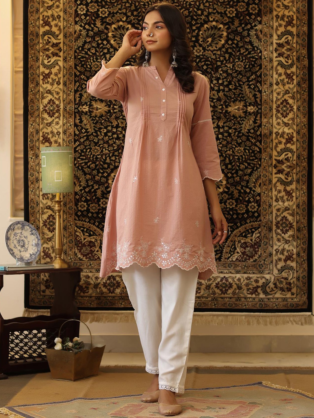 

SCAKHI Floral Embroidered Sequinned Pure Cotton Kurta with Trousers, Mauve