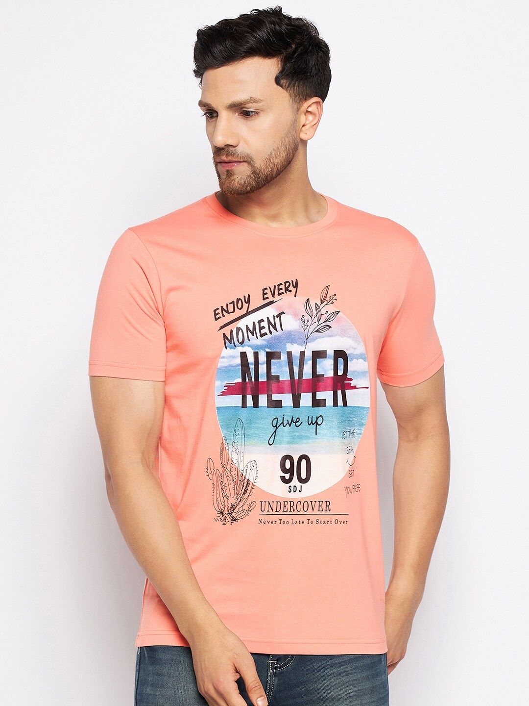 

Duke Graphic Printed Round Neck Slim Fit Cotton T-shirt, Coral