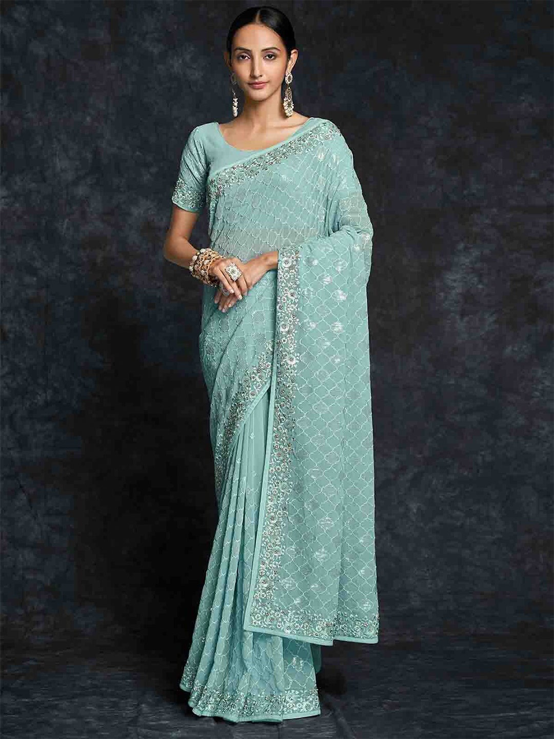 

ODETTE Floral Embroidered Sequinned Poly Georgette Saree, Blue