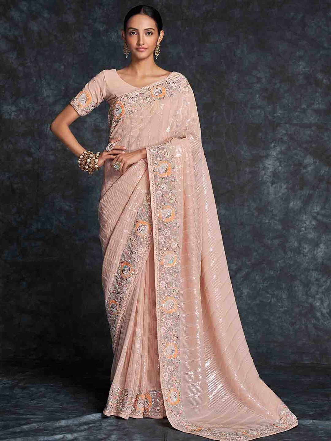 

ODETTE Floral Embroidered Sequinned Poly Georgette Saree, Peach