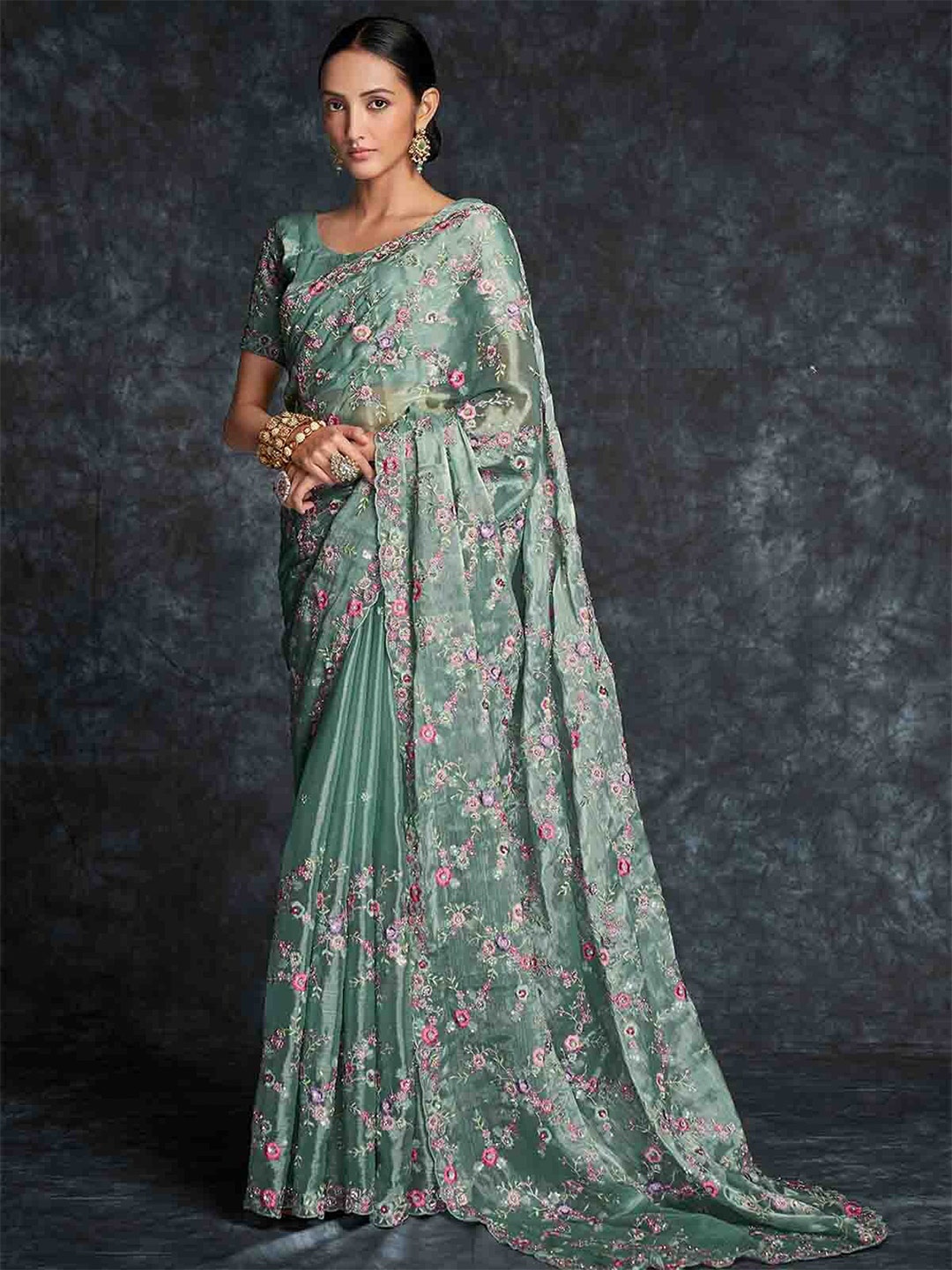 

ODETTE Floral Embroidered Organza Saree, Green