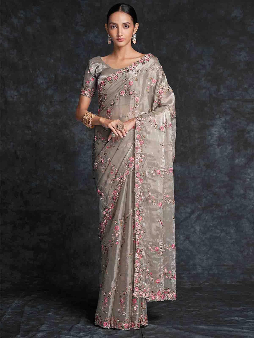 

ODETTE Floral Embroidered Organza Saree, Grey