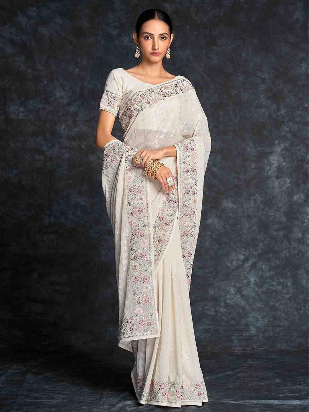 

ODETTE Ethnic Motifs Embroidered Sequinned Poly Georgette Saree, White