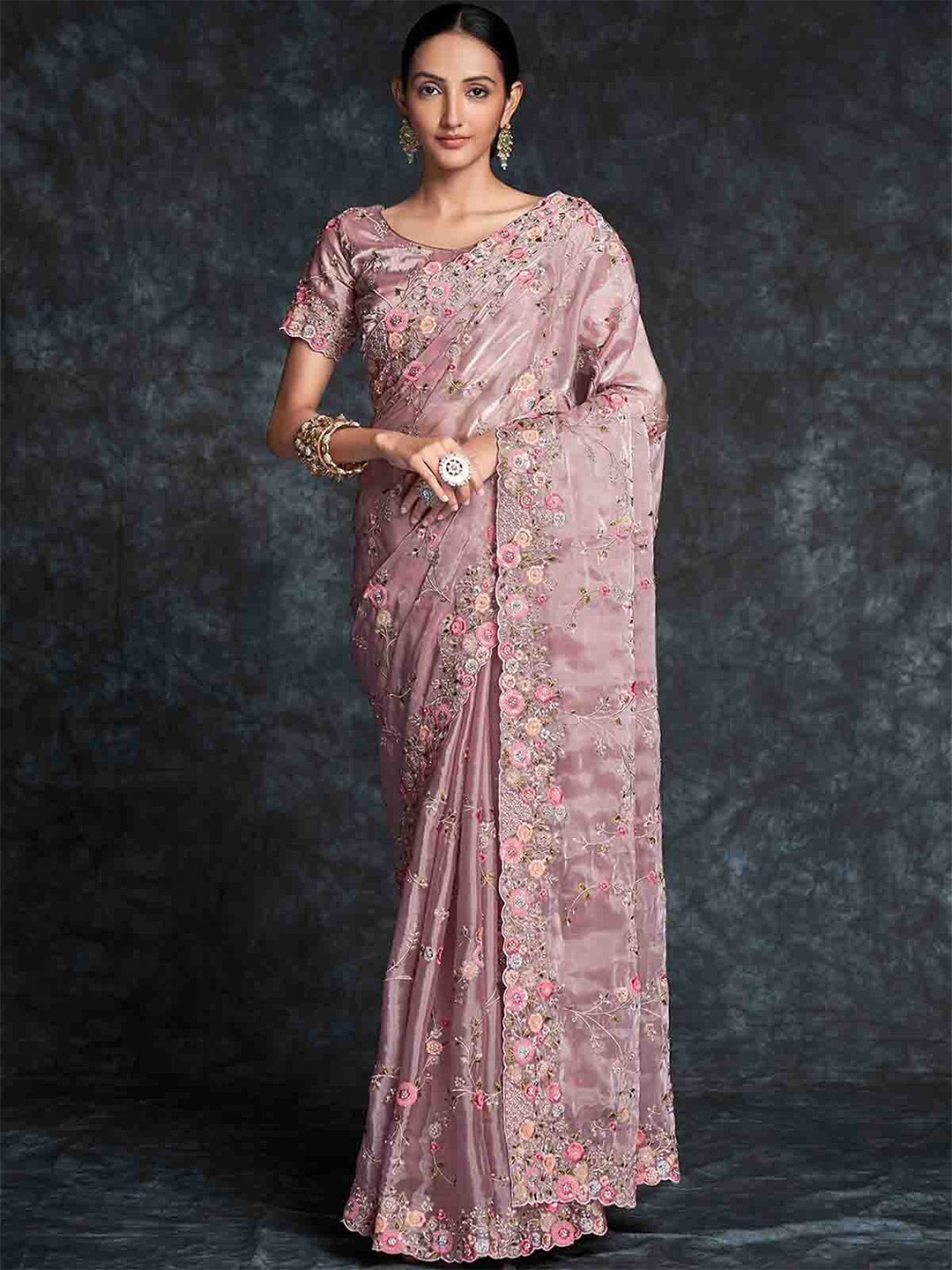 

ODETTE Floral Embroidered Organza Saree, Pink
