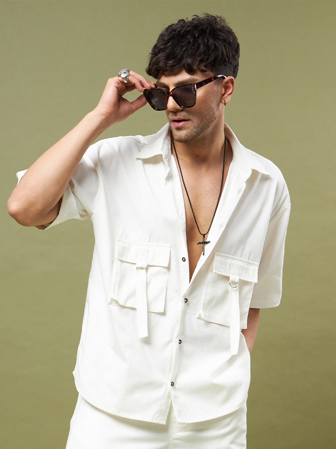 

MASCLN SASSAFRAS Relaxed Drop Shoulder Sleeves Pure Cotton Casual Shirt, White