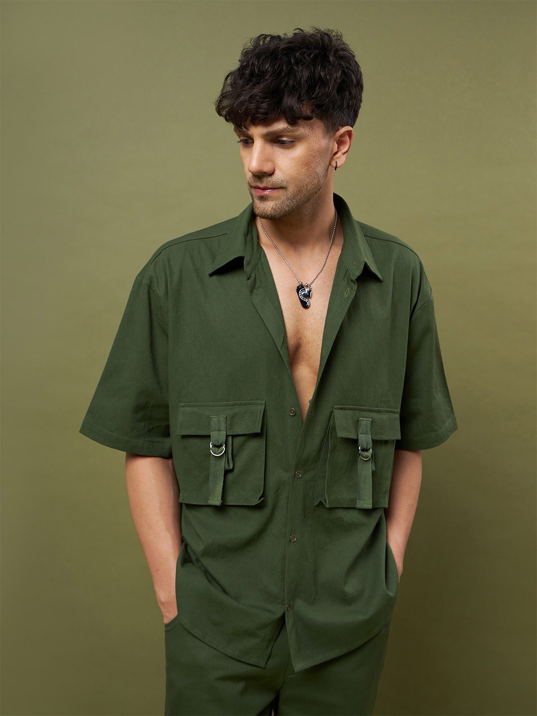 

MASCLN SASSAFRAS Relaxed Drop Shoulder Sleeves Pure Cotton Casual Shirt, Olive