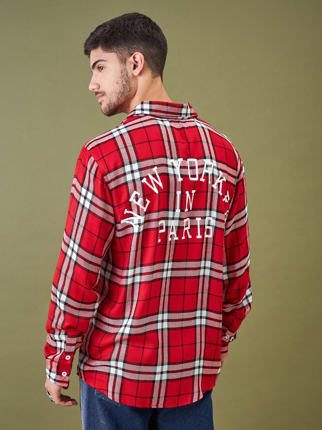 

MASCLN SASSAFRAS Relaxed Tartan Checked Spread Collar Boxy Casual Shirt, Red