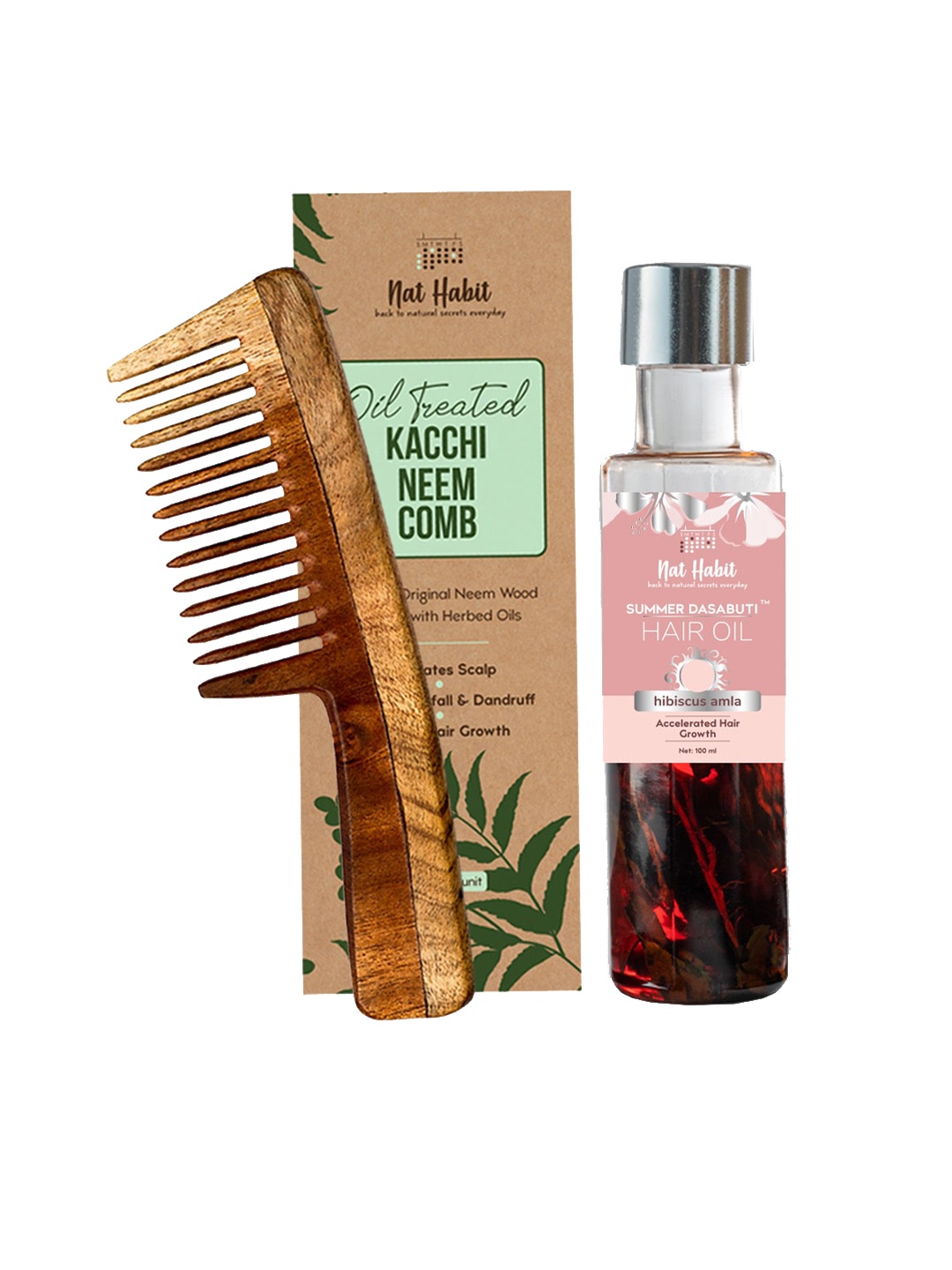 

Nat Habit Set Of Wide Tooth Kacchi Neem Comb & Hibiscus Amla Dasabuti Hair Oil, Brown