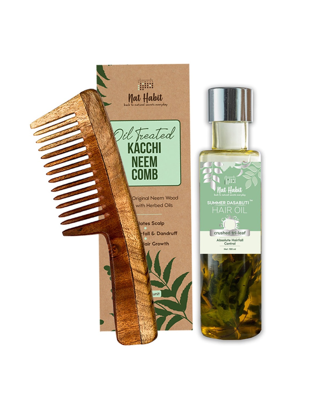 

Nat Habit Set of Oil Treated Neem Comb Summer Dasabuti Crushed Tri-Leaf Hair Oil (100ml), Multi