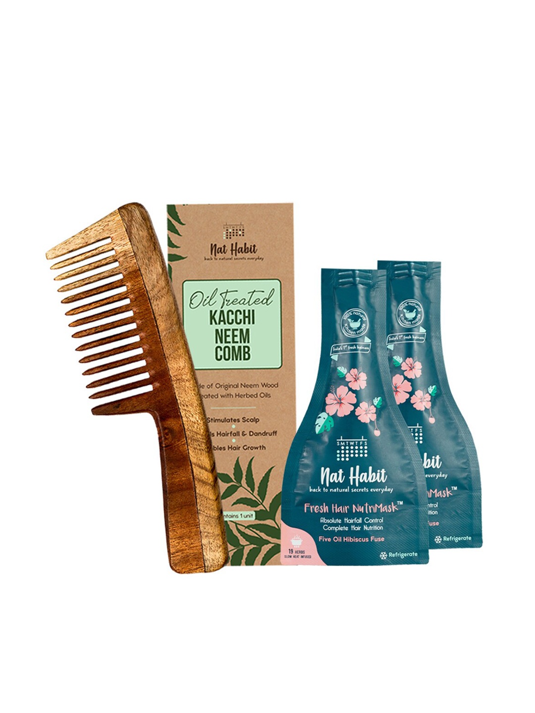 

Nat Habit Hair Combo- Kacchi Neem Comb & 2Pcs Five Oil Hibiscus Nutri Mask for Smoothening, Multi