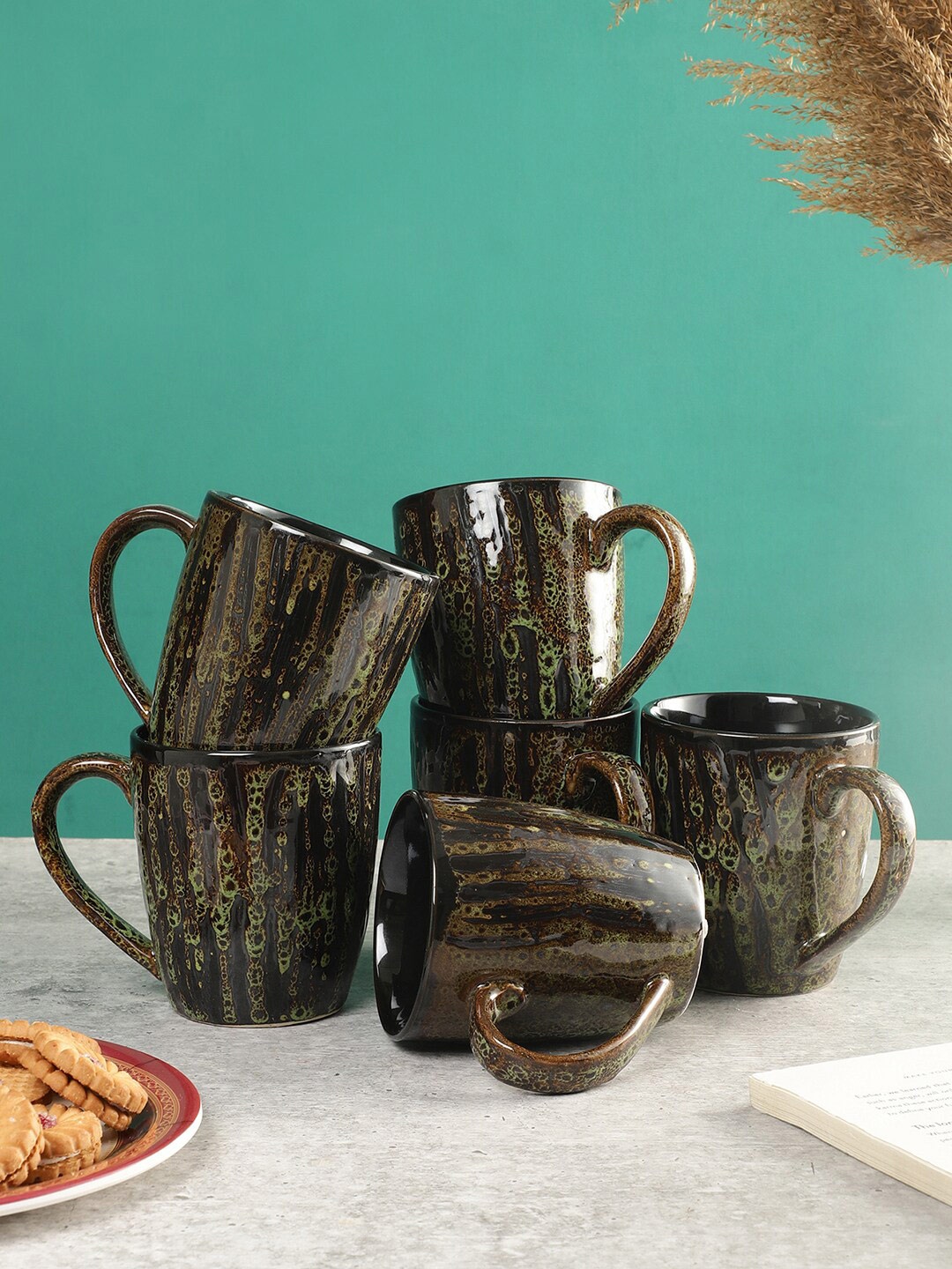 

CDI Black & Green 6 Pieces Textured Ceramic Glossy Coffee Mugs 300 ml Each