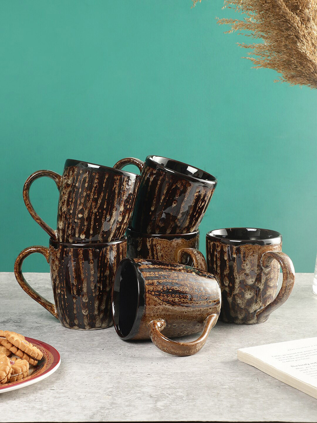 

CDI Brown & Beige 7 Pieces Textured Ceramic Glossy Coffee Mugs 300 ml Each
