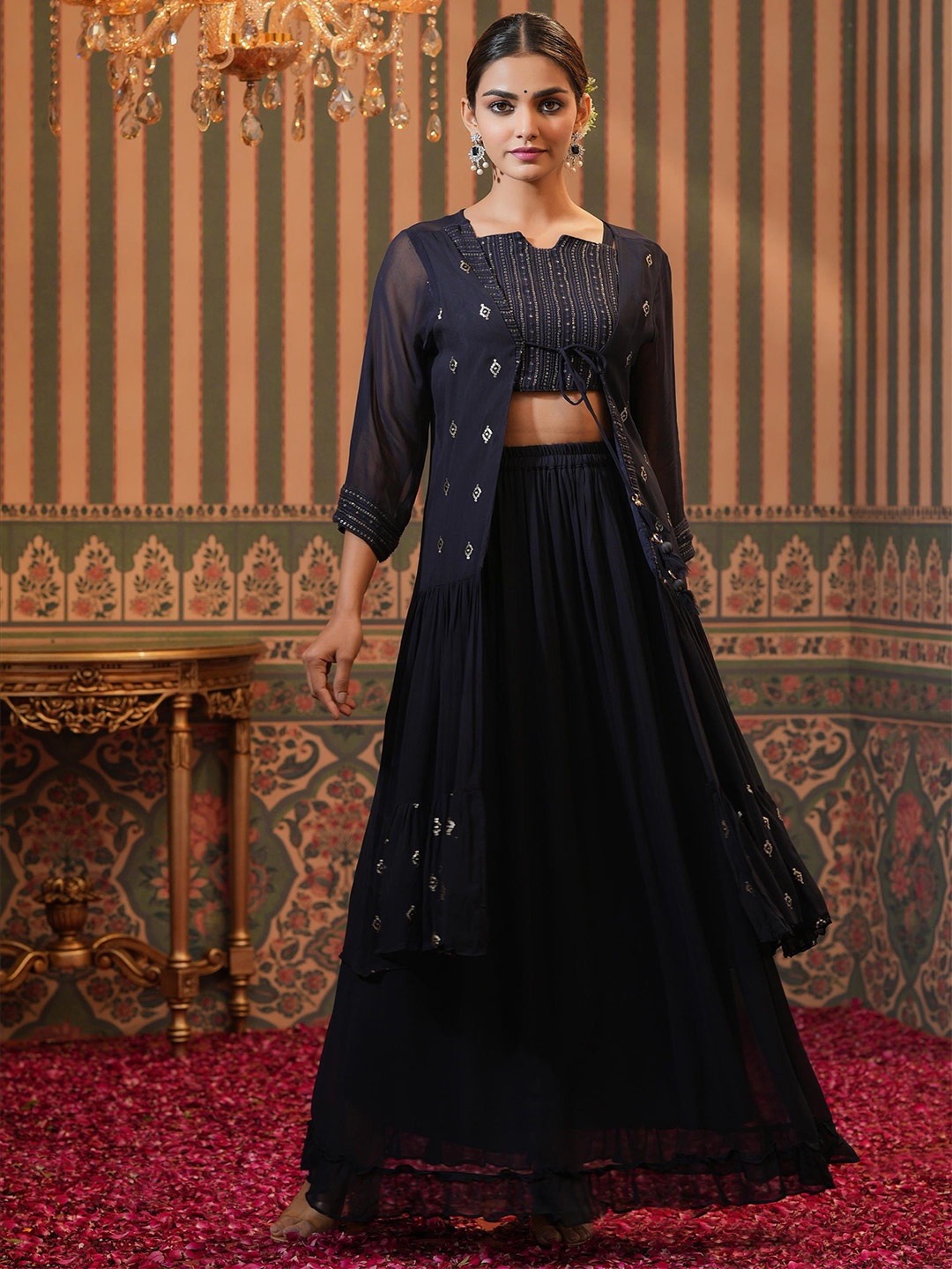 

SCAKHI Embellished Top With Skirt & With Shrug, Navy blue