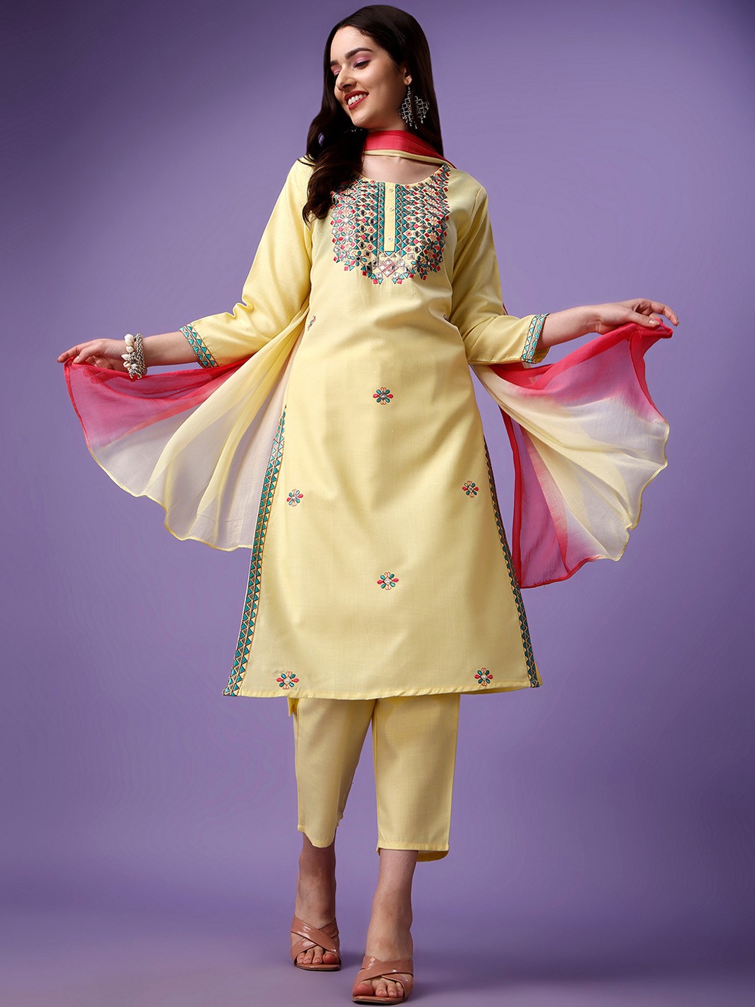 

ASPORA Floral Embroidered Mirror Work Kurta with Trousers & Dupatta, Yellow