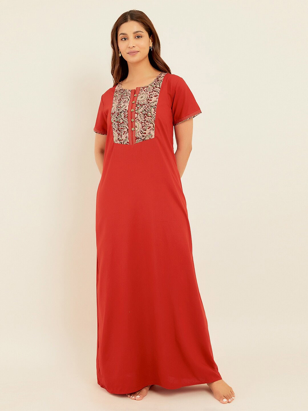 

Maybell Ethnic Motifs Printed Maxi Nightdress, Red