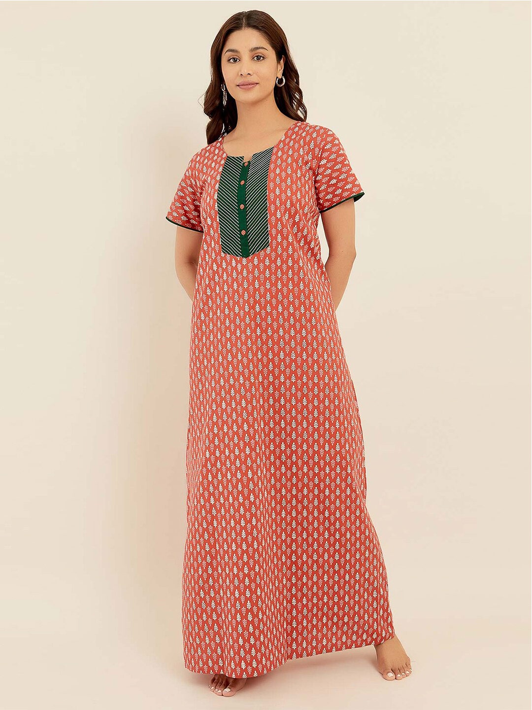 

Maybell Ethnic Motifs Printed Pure Cotton Maxi Nightdress, Peach