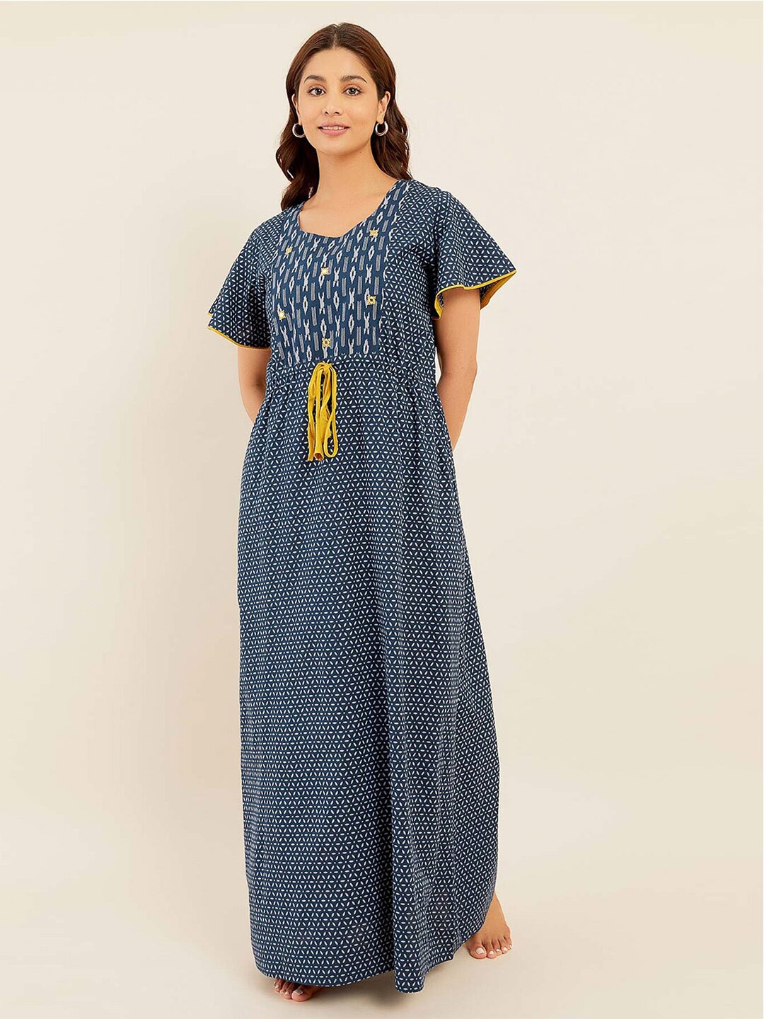 

Maybell Ethnic Motifs Printed Pure Cotton Maxi Nightdress, Blue