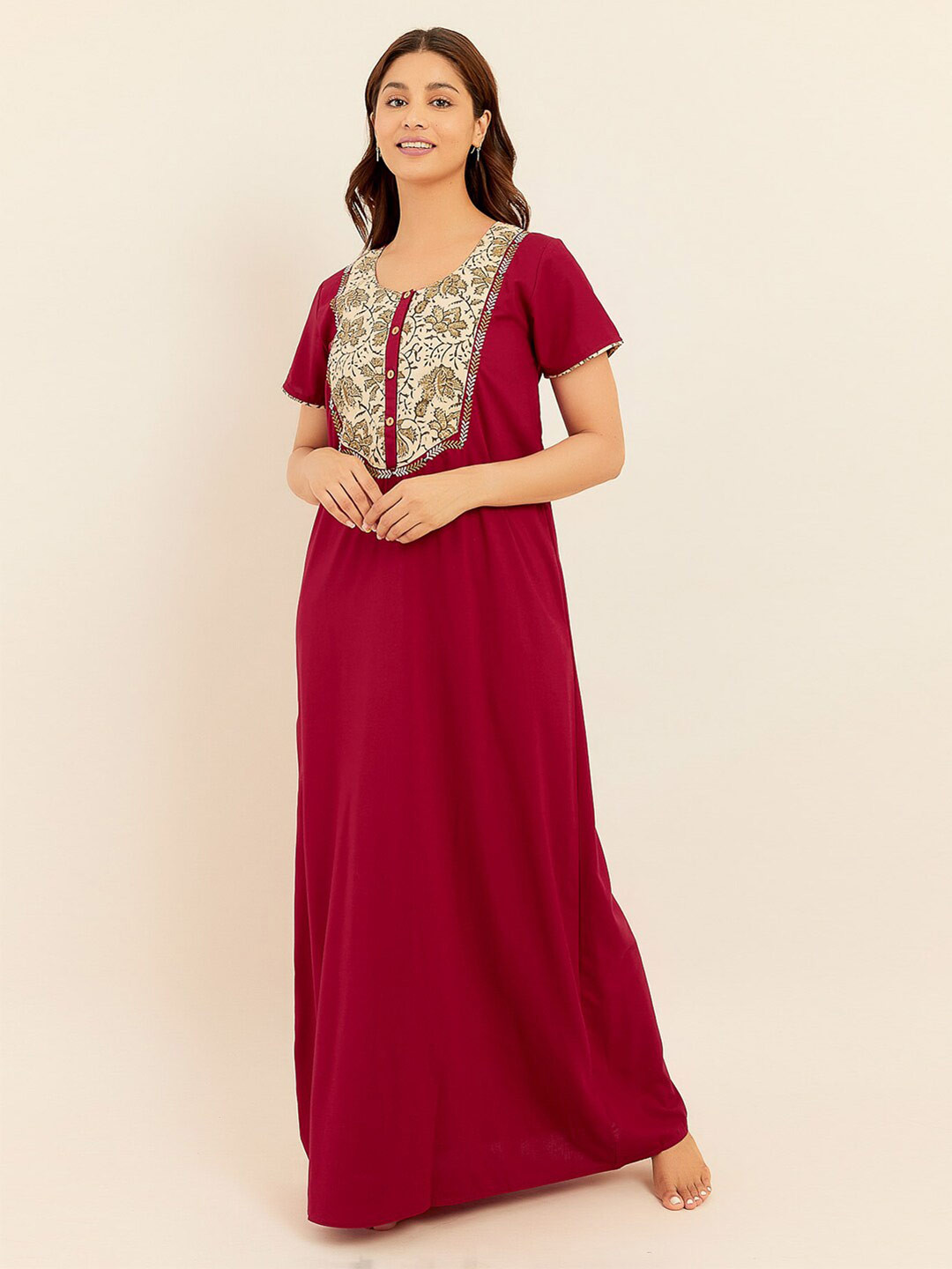 

Maybell Ethnic Motifs Printed Maxi Nightdress, Maroon