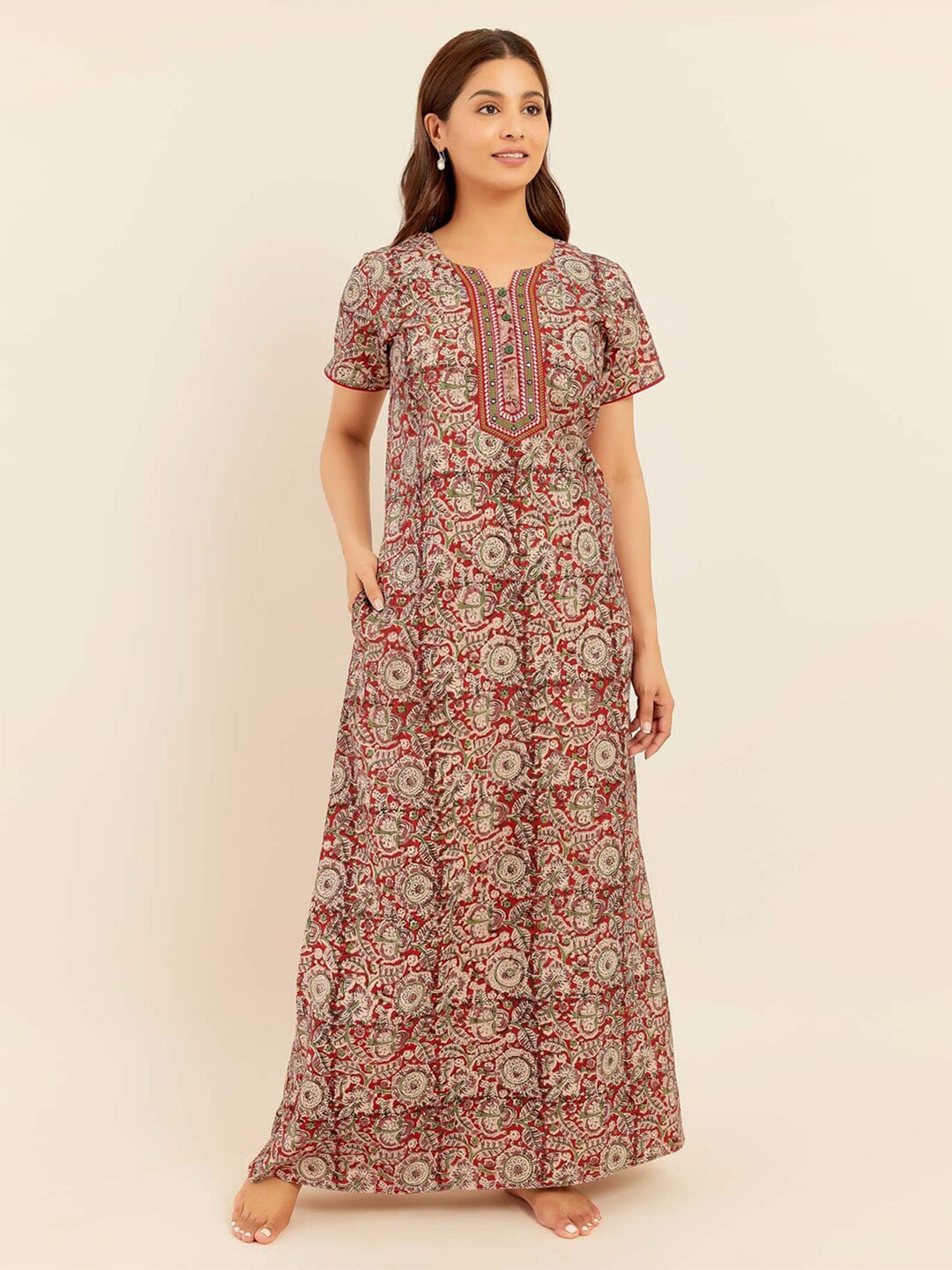 

Maybell Ethnic Motifs Printed Pure Cotton Maxi Nightdress, Red