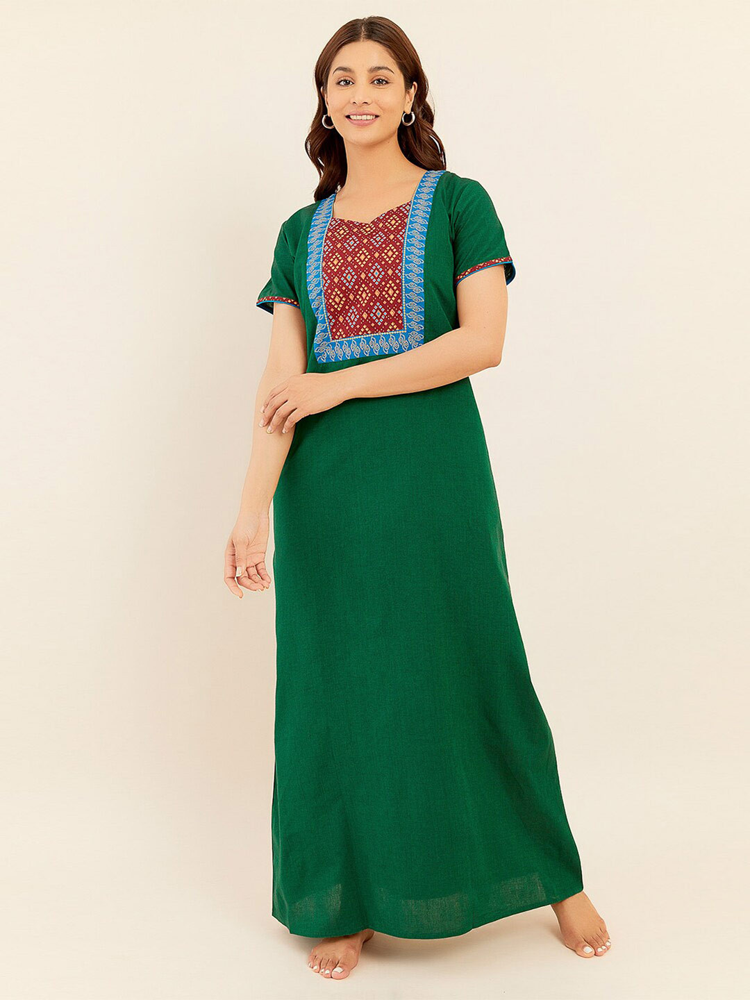 

Maybell Ethnic Motifs Printed Pure Cotton Maxi Nightdress, Green