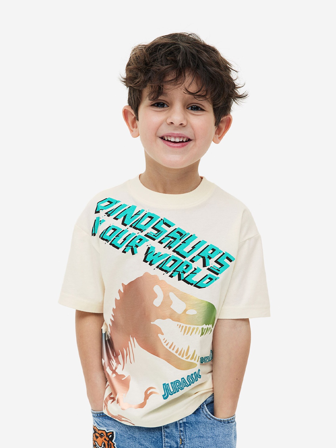 

H&M Boys Printed Pure Cotton T-Shirt, Off white