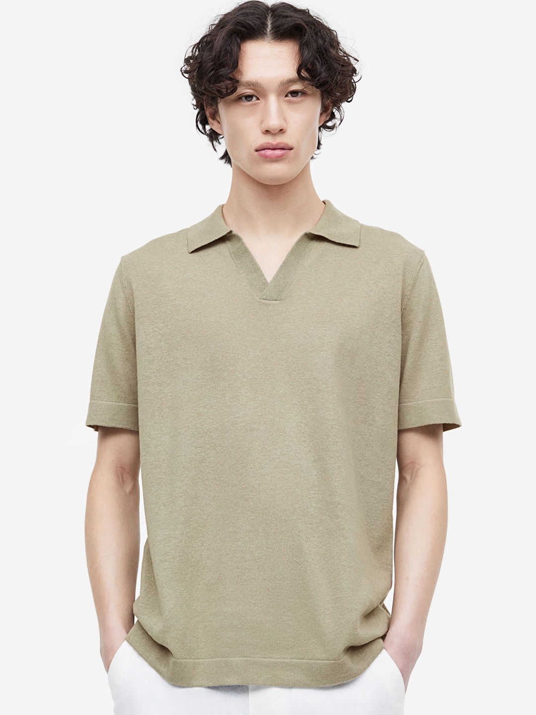 

H&M Regular Fit Linen-Mix Polo Shirt, Green