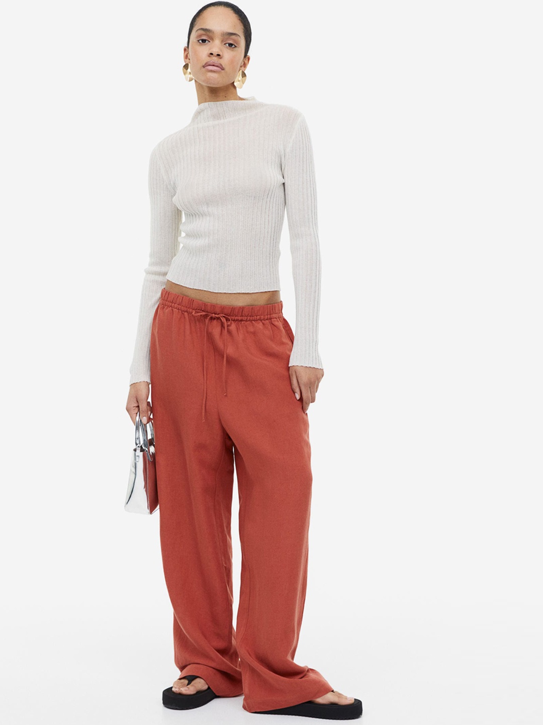 

H&M Women Linen-Blend Pull-On Trousers, Rust
