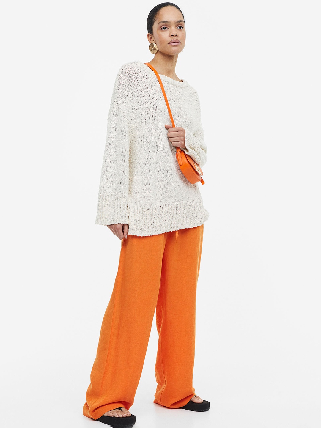 

H&M Women Linen-Blend Pull-On Trousers, Orange