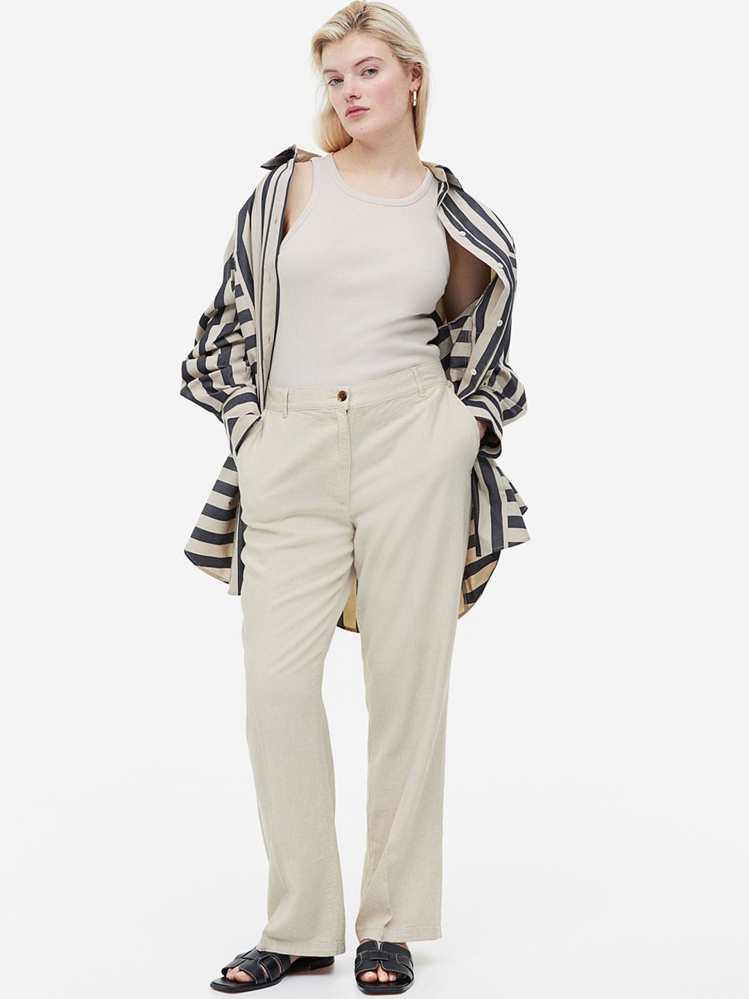 

H&M Women Linen-Blend Twill Trousers, Beige