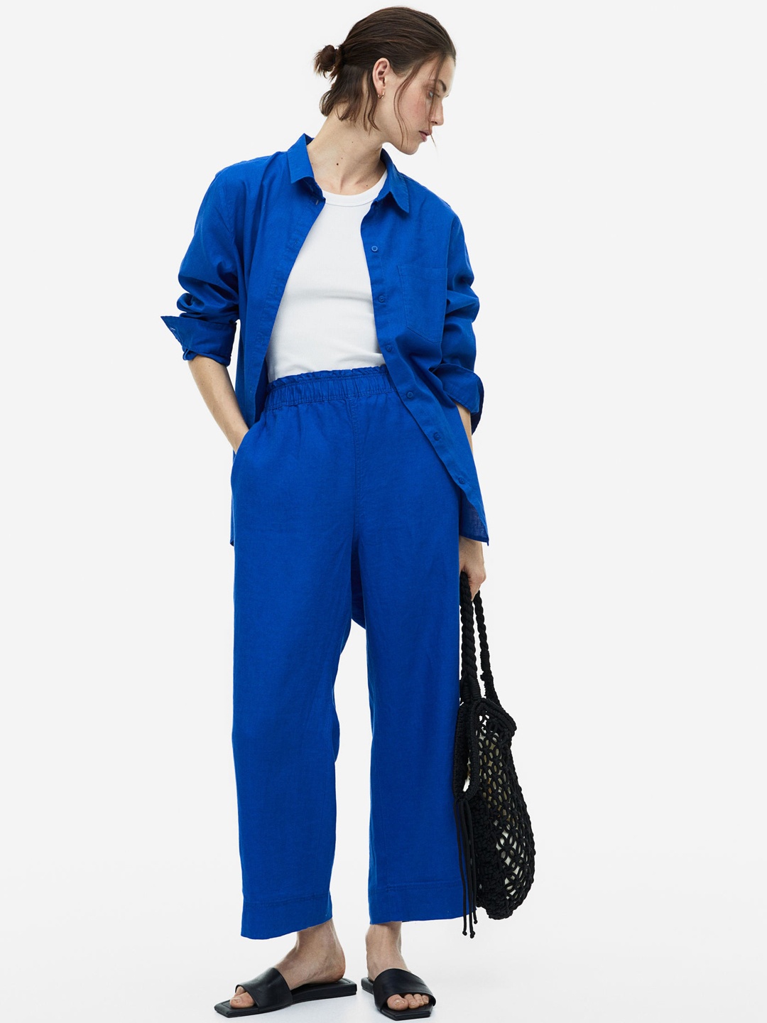 

H&M Women Ankle-Length Linen Trousers, Blue