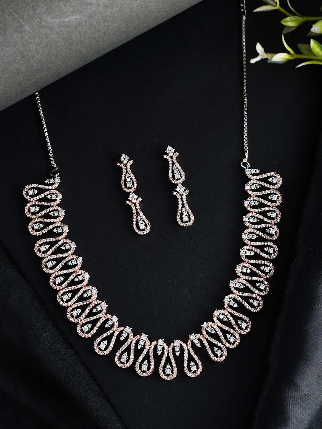

Voylla Silver-Plated CZ Necklace With Earrings