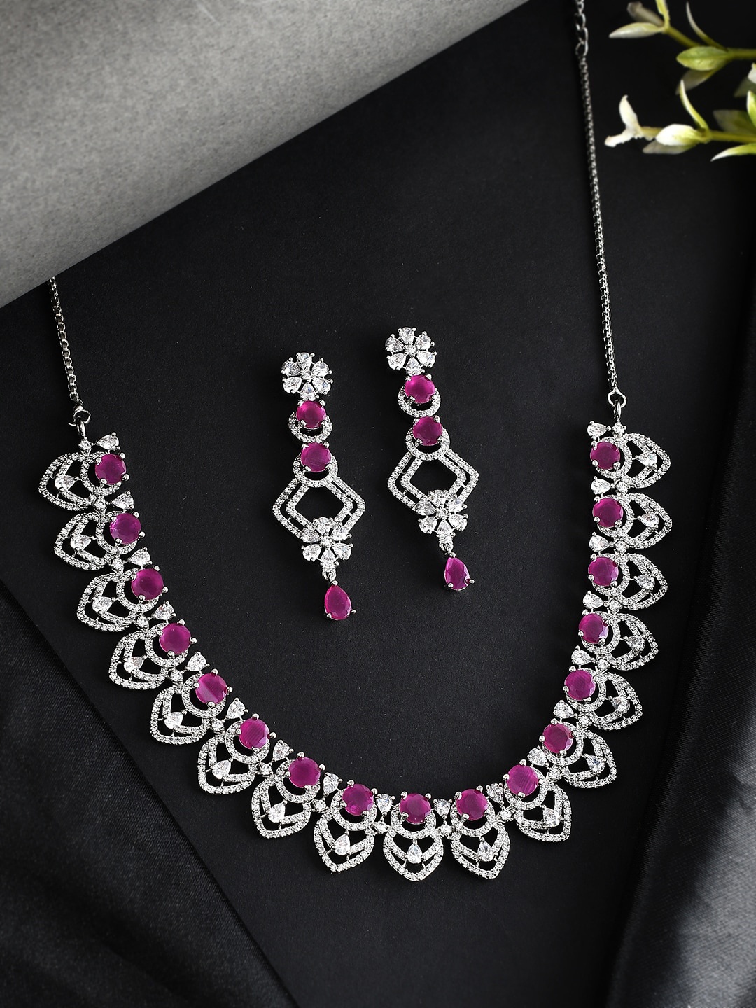 

Voylla Silver-Plated CZ Necklace With Earrings