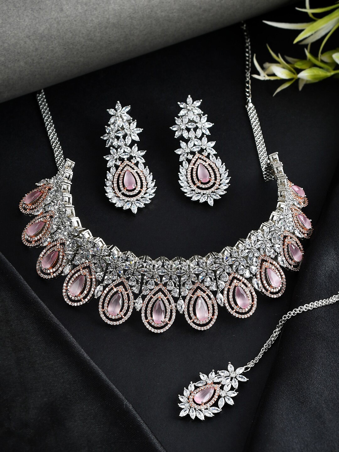 

Voylla Silver-Plated CZ Necklace With Earrings