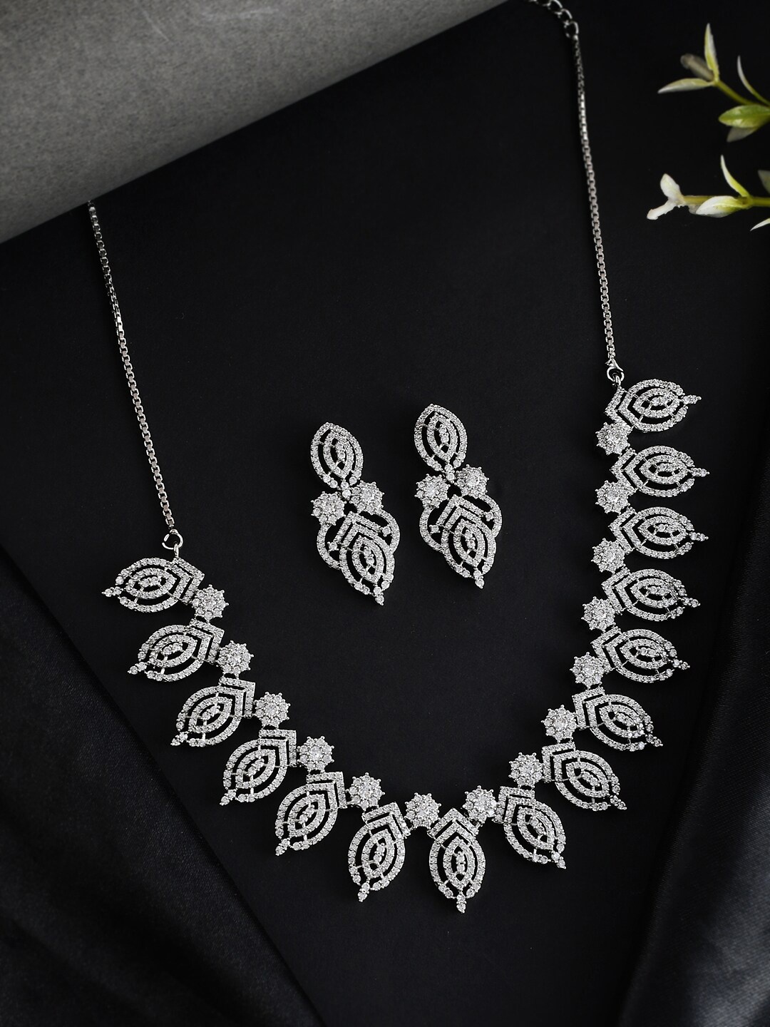 

Voylla Silver Plated CZ Studded Leafy Necklace Set