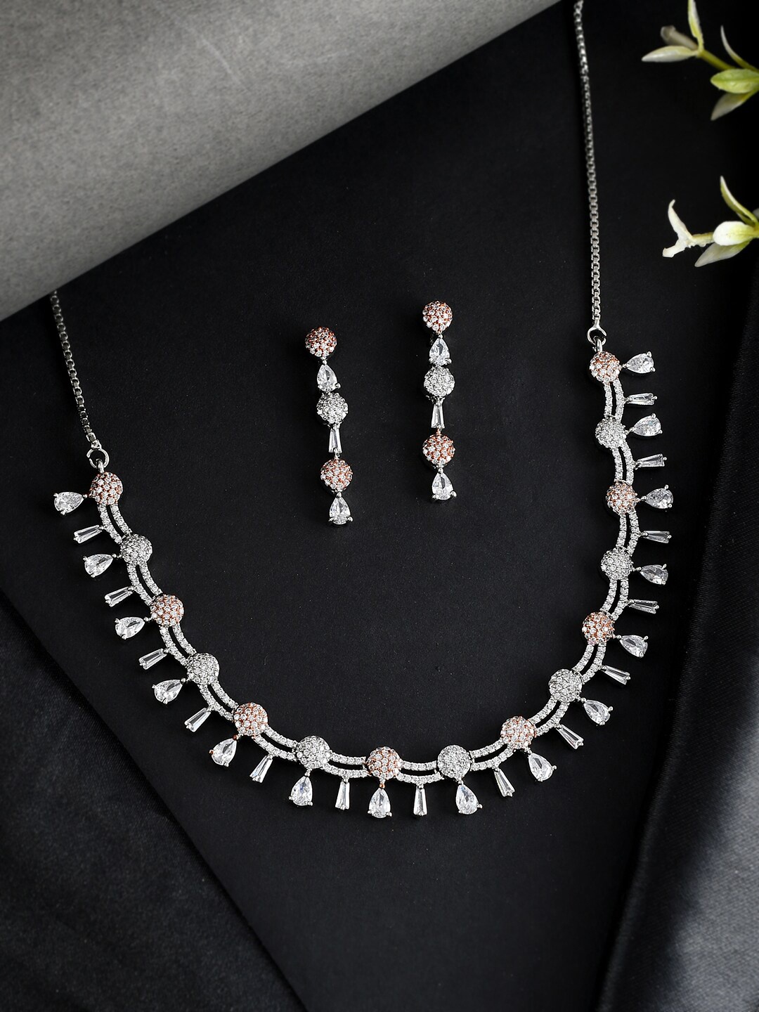 

Voylla Silver-Plated CZ Necklace With Earrings