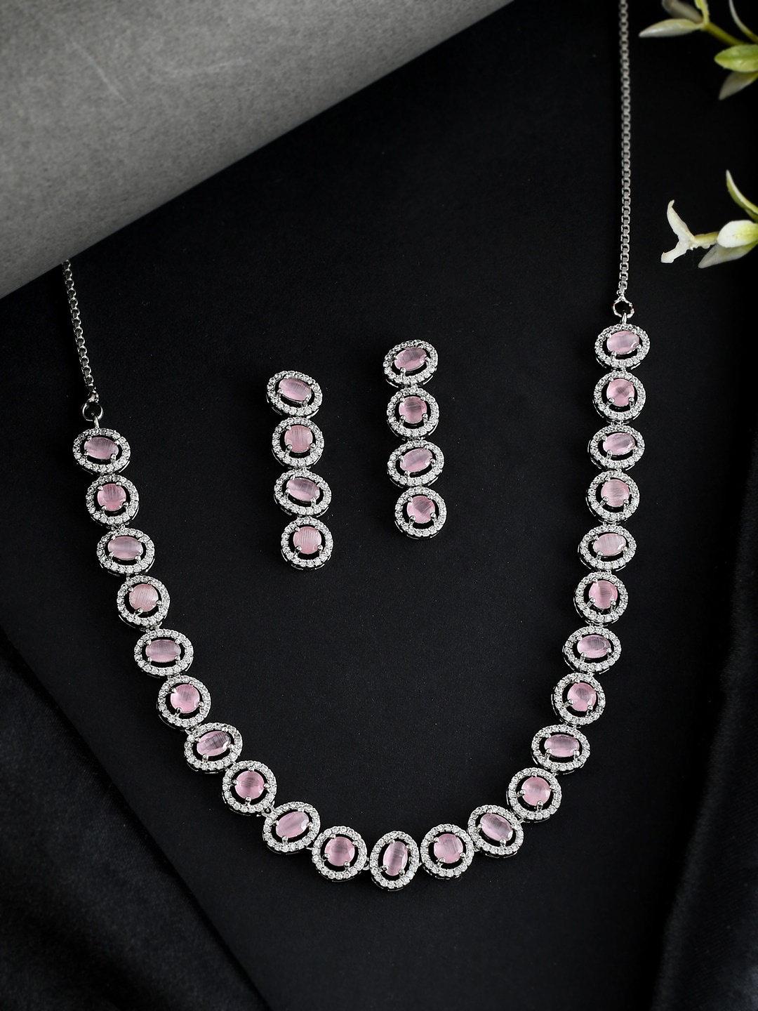 

Voylla Silver-Plated CZ Necklace With Earrings