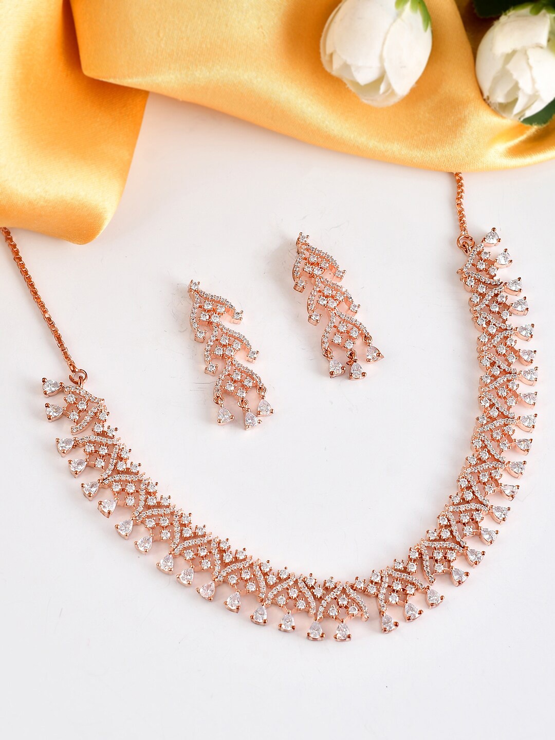 

Voylla Rose Gold Plated CZ Studded Traditional Necklace Set
