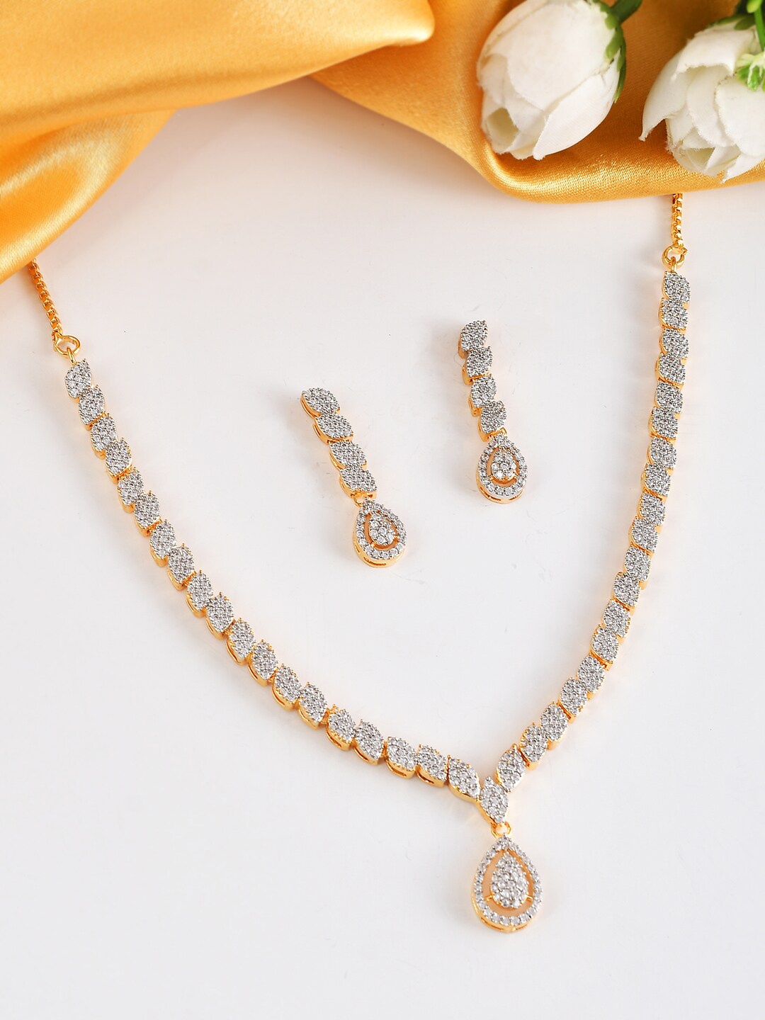 

Voylla Gold-Plated CZ Necklace With Earrings