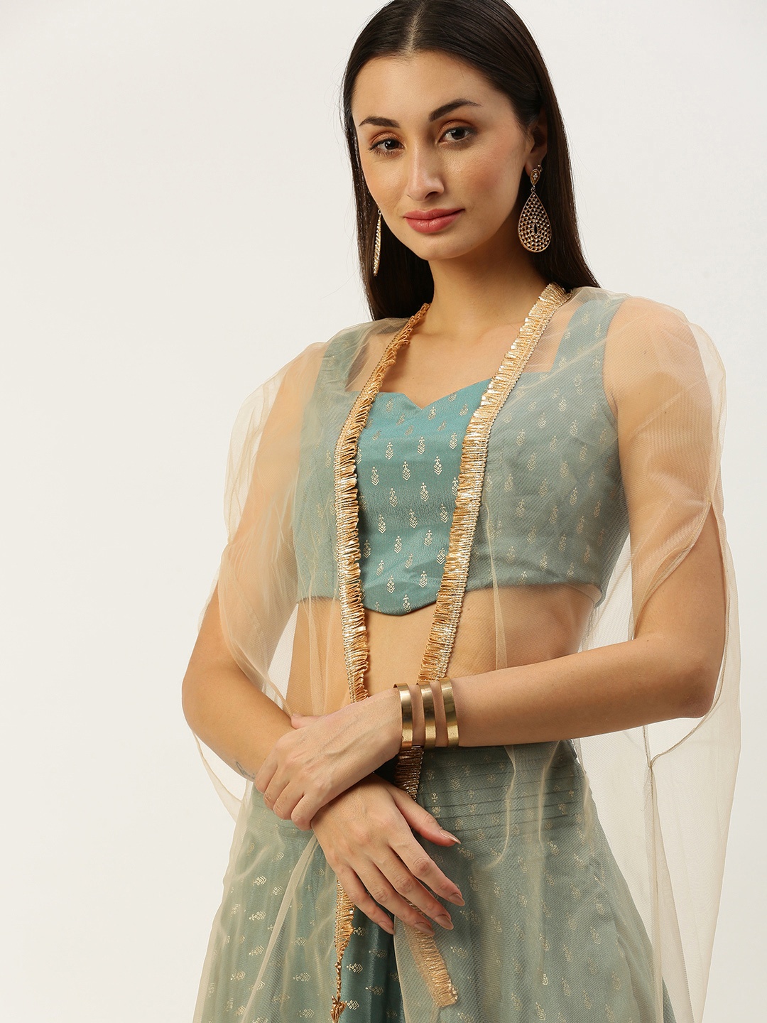 

Ethnovog Woven Design Top With Skirt & With Jacket, Green