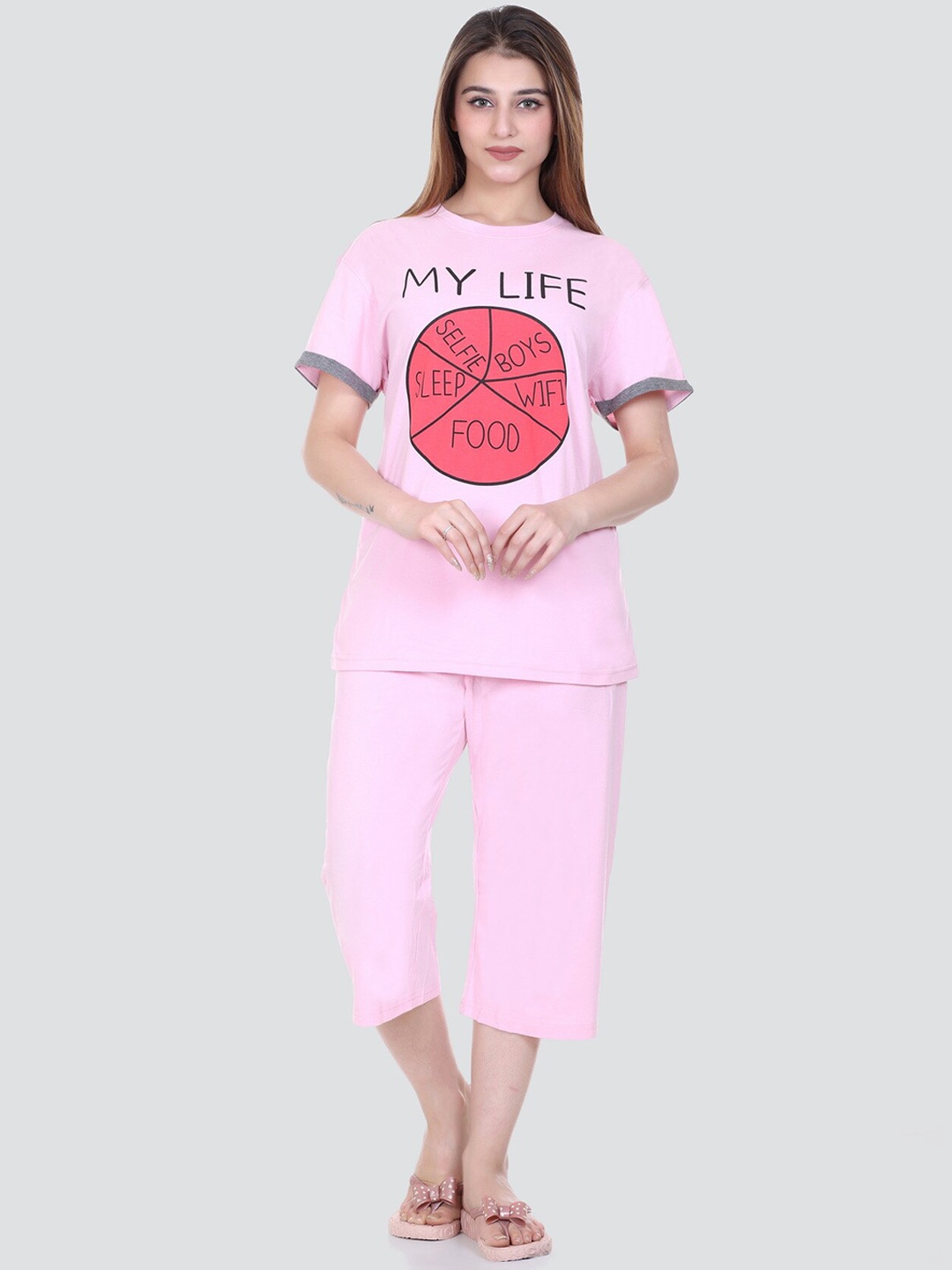 

Y&I Typography Printed Night Suit, Pink