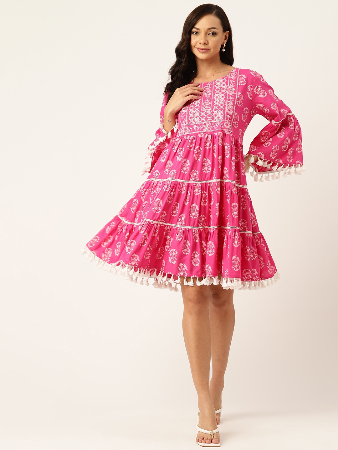 

Stylum Floral Embroidered Flared Sleeve Fringed Fit & Flare Dress, Pink