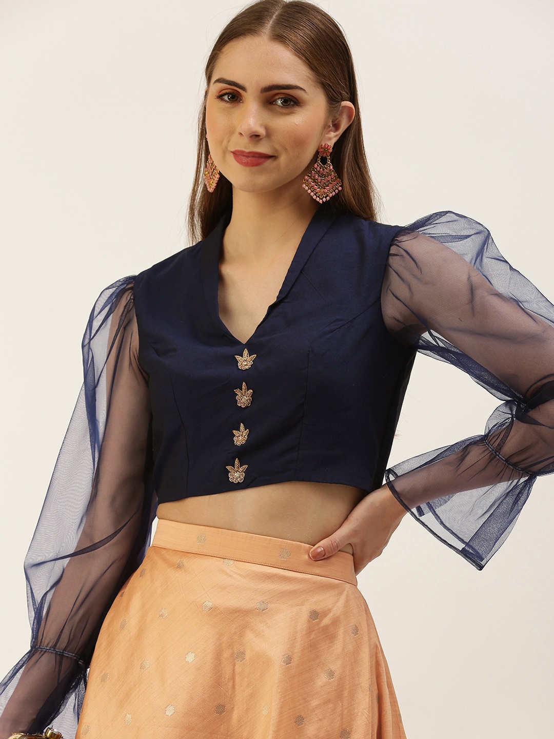 

Ethnovog Embellished Beads & Stones Ready to Wear Lehenga Choli, Navy blue