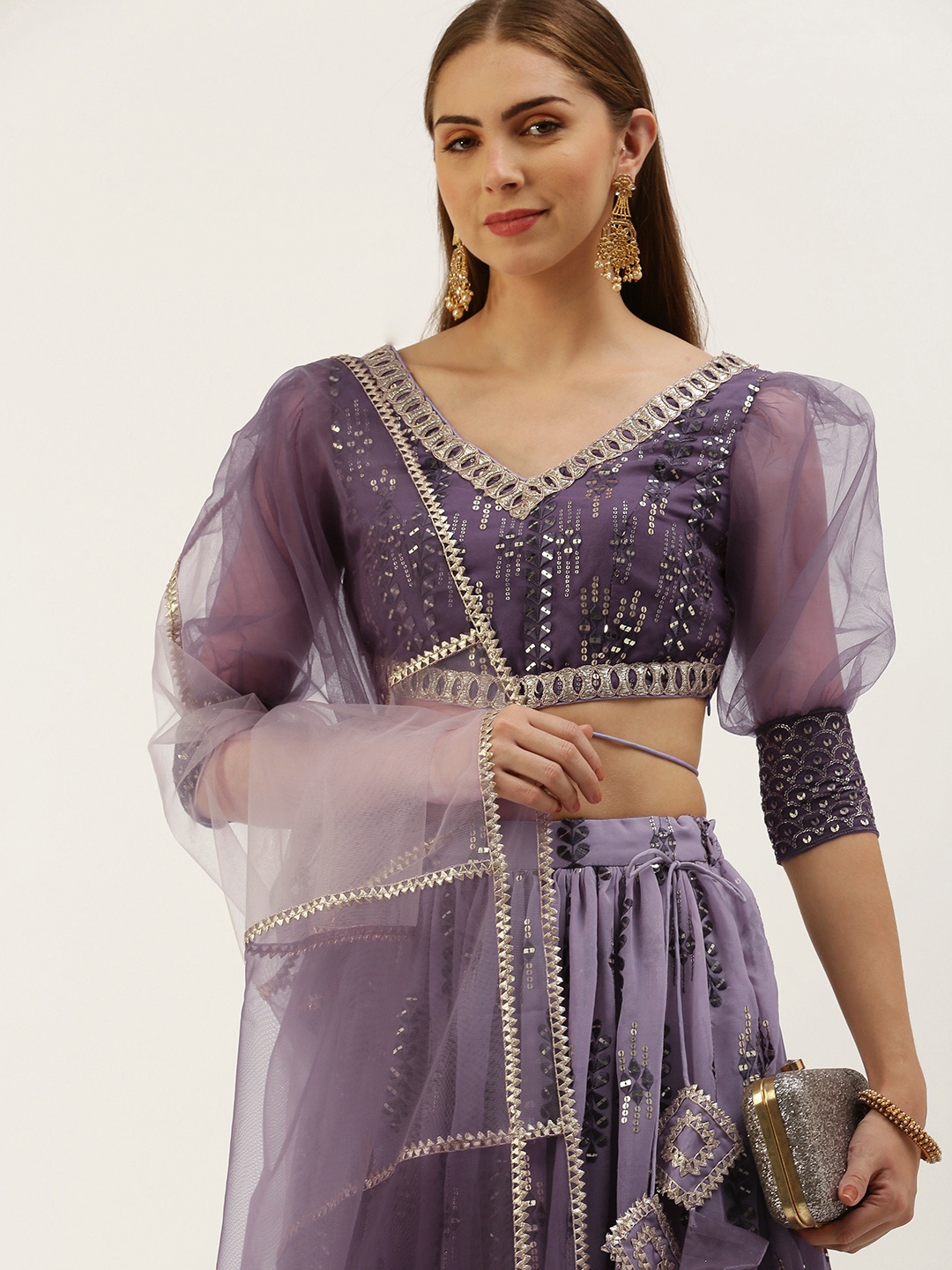 

Ethnovog Embroidered Sequinned Ready to Wear Lehenga & Blouse With Dupatta, Purple