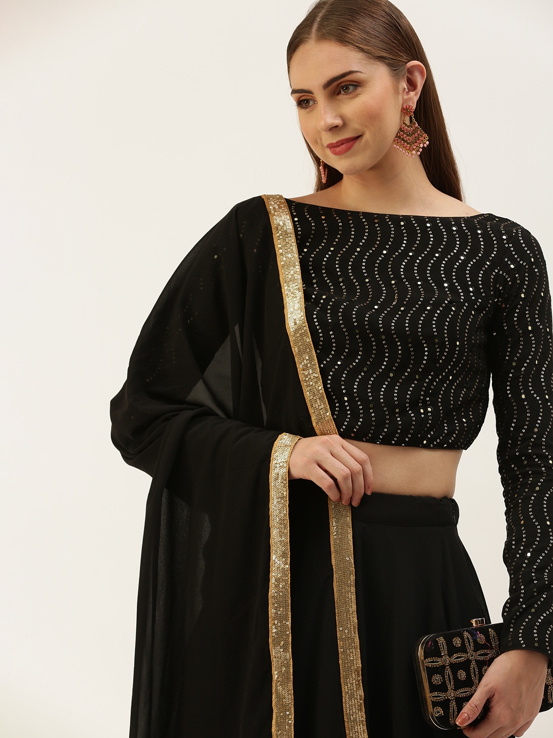 

Ethnovog Embellished Sequinned Ready to Wear Lehenga & Blouse With Dupatta, Black