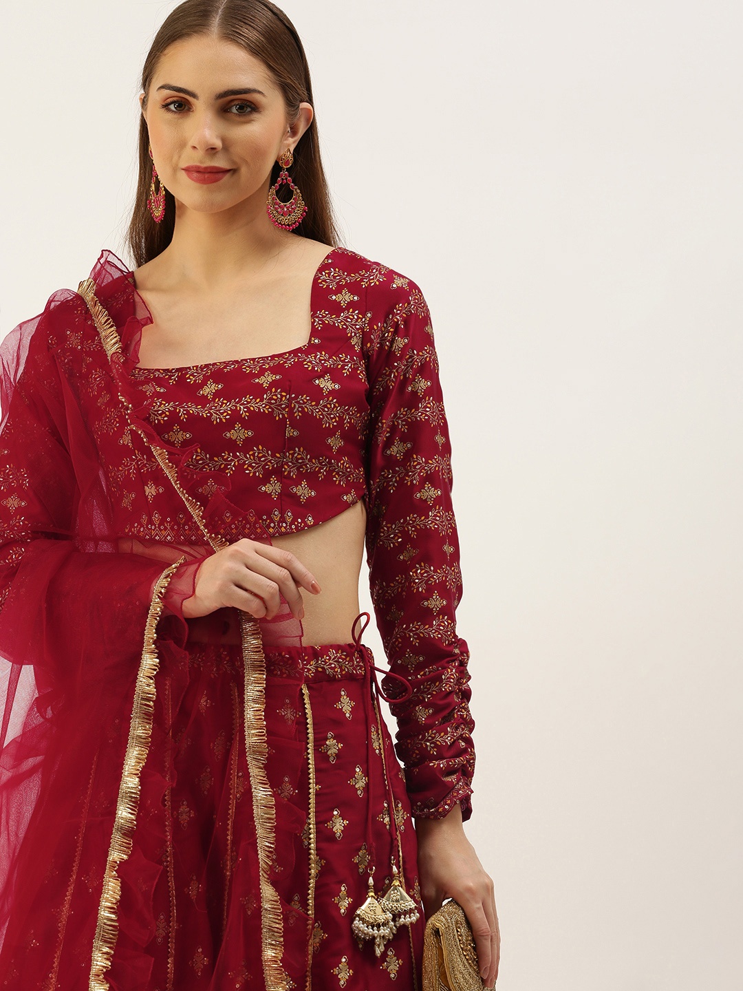 

Ethnovog Printed Ready to Wear Lehenga & Blouse With Dupatta, Maroon