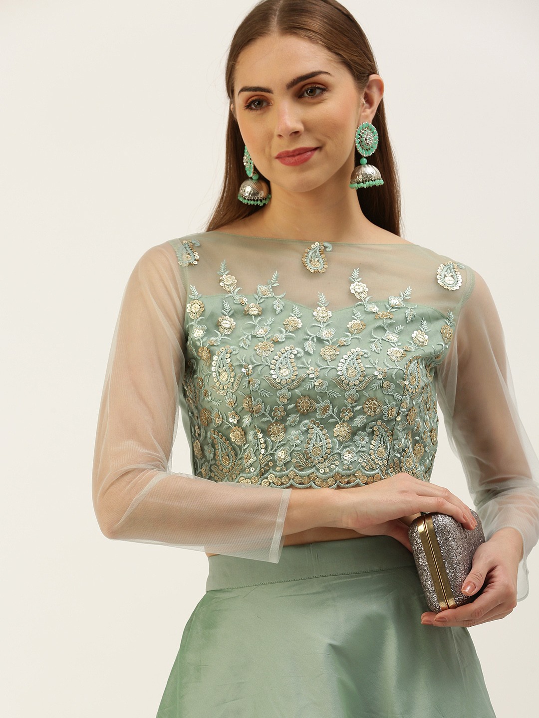 

Ethnovog Embroidered Sequinned Ready to Wear Lehenga Choli, Green