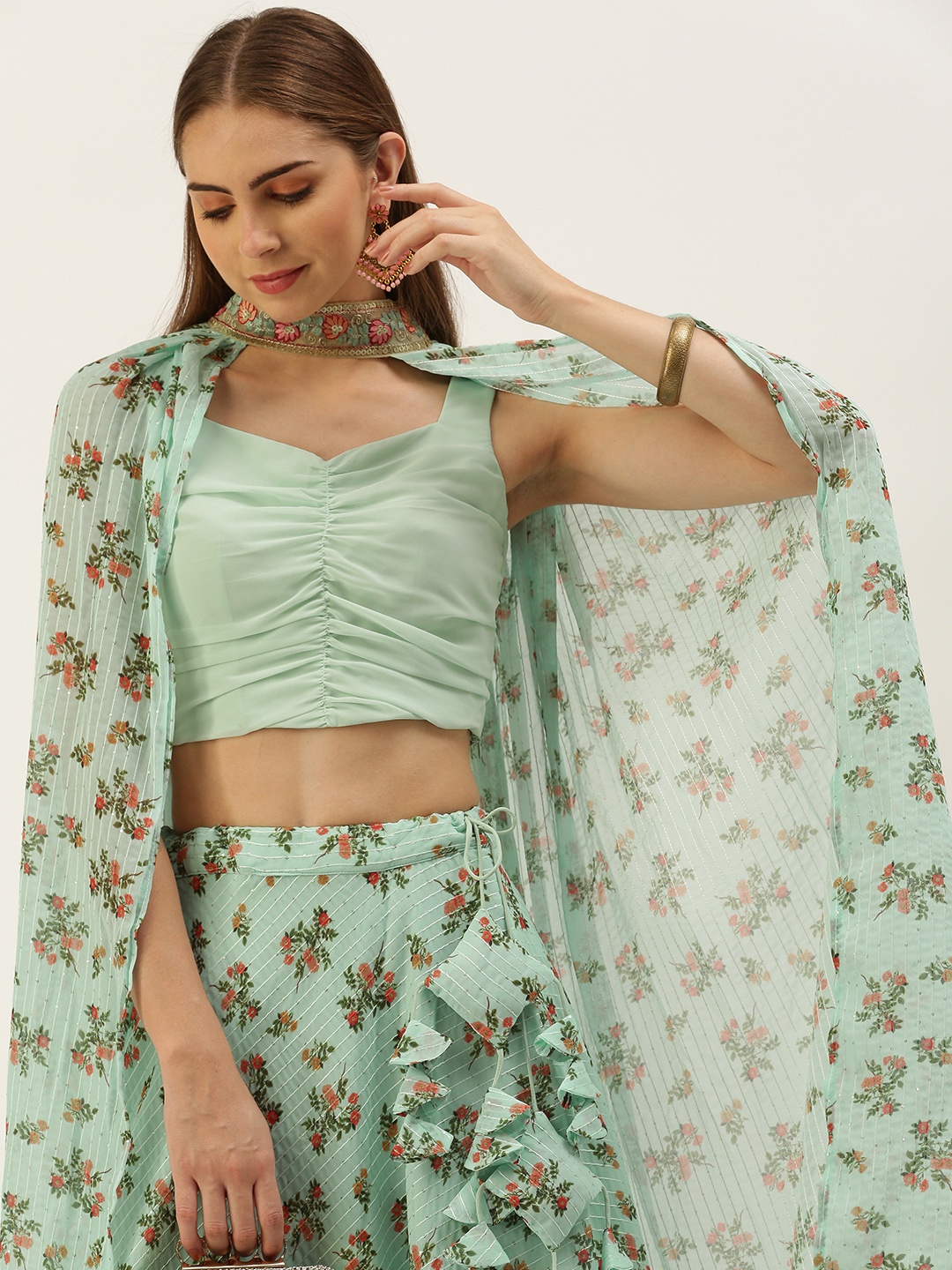 

Ethnovog Sequinned Ready to Wear Lehenga & Blouse With Dupatta, Green