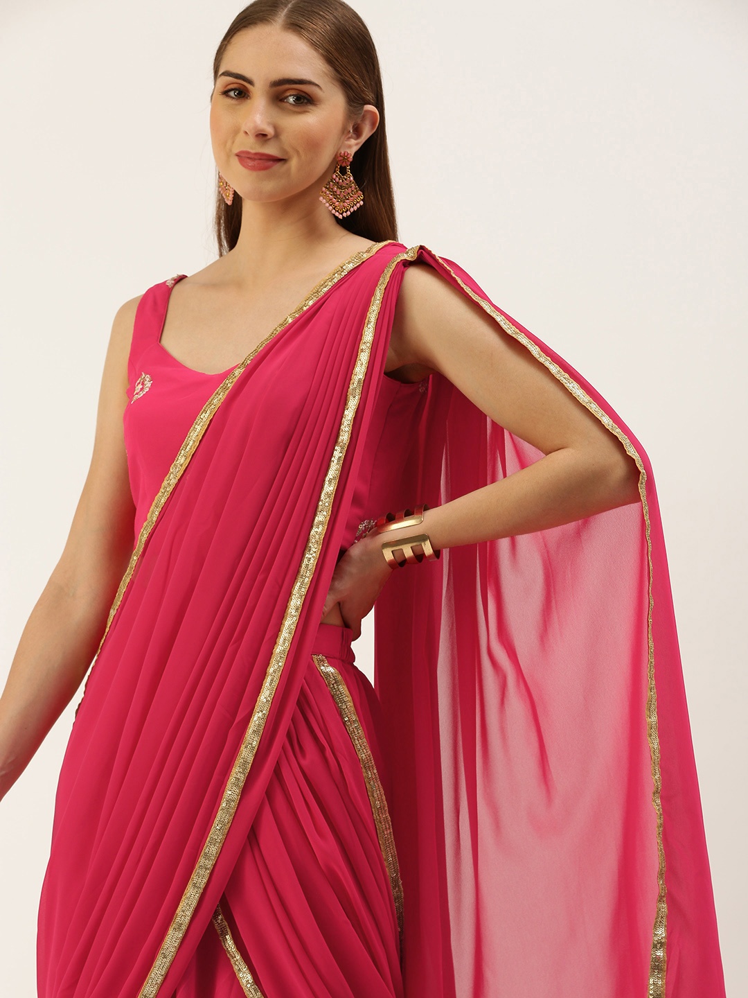 

Ethnovog Embroidered Sequinned Ready to Wear Lehenga & Blouse With Dupatta, Pink